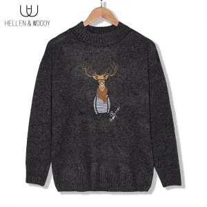 , HellenWoody A&W Men's Knitted Pullovers Couples Christmas Reindeer Animal Printing Man's Warmth Wool-Blend Casual O-Neck Sweater
