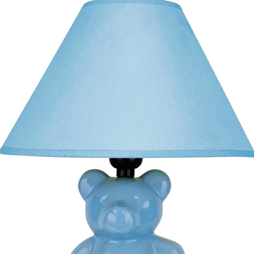 13” Blue Teddy Bear Ceramic Linen Shade Table Lamp