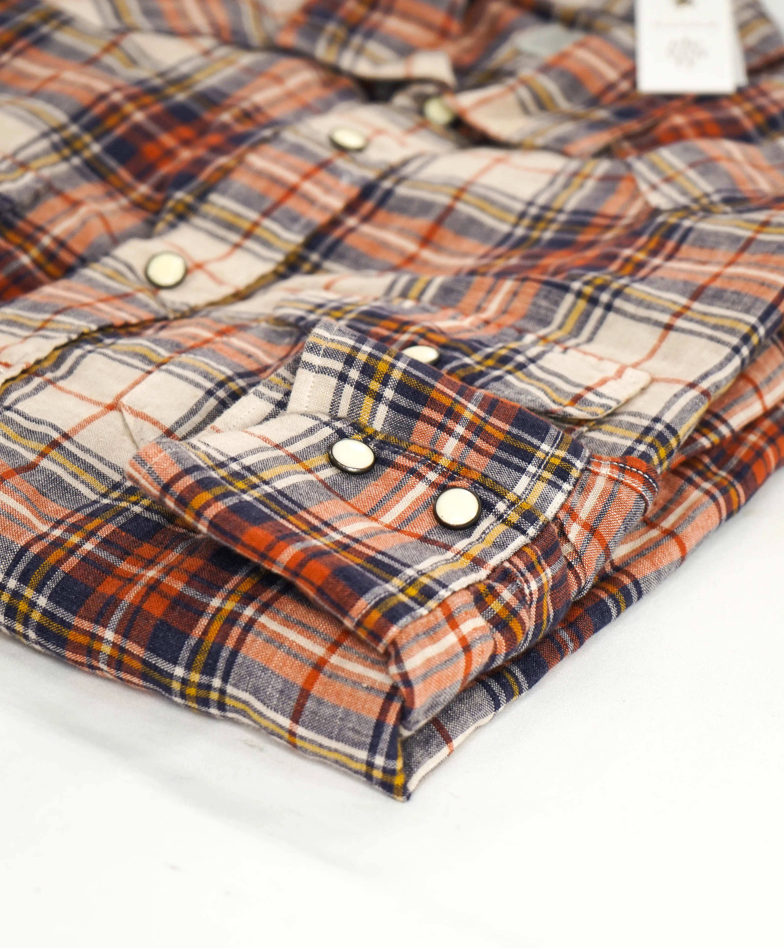 $395 ELEVENTY - Multi Check Plaid *PURE LINEN* Snap Front Shirt - M