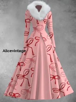 Abstract Art Print Vintage Elegant V-Neck Fur Collar Long Sleeve Midi Dress