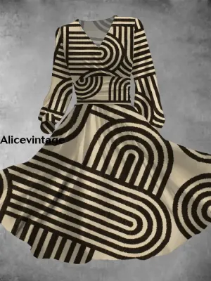Abstract Art Print Vintage Elegant V-Neck Long Sleeve Midi Dress