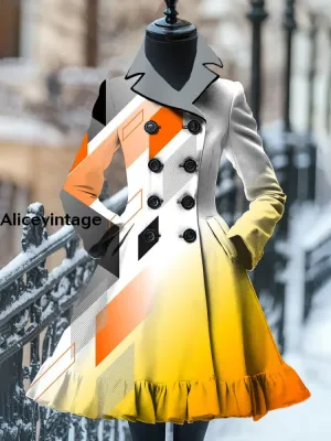 Abstract Color Print Vintage Elegant Stand-Up Collar Long Sleeve Coat Dress