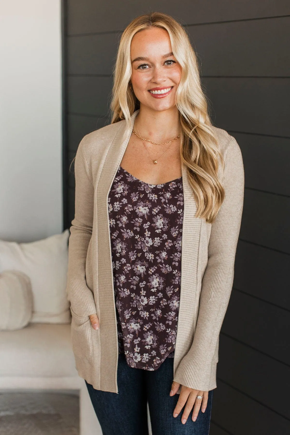 An Afternoon Out Waffle Knit Cardigan- Oatmeal