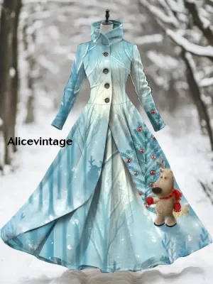 Animal Art Print Vintage Elegant Long Sleeve Fake Two Piece Maxi Dress