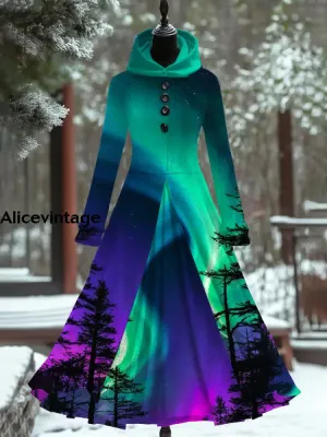 Aurora Art Print Vintage Elegant Long Sleeve Maxi Dress Fake Two Piece Dress