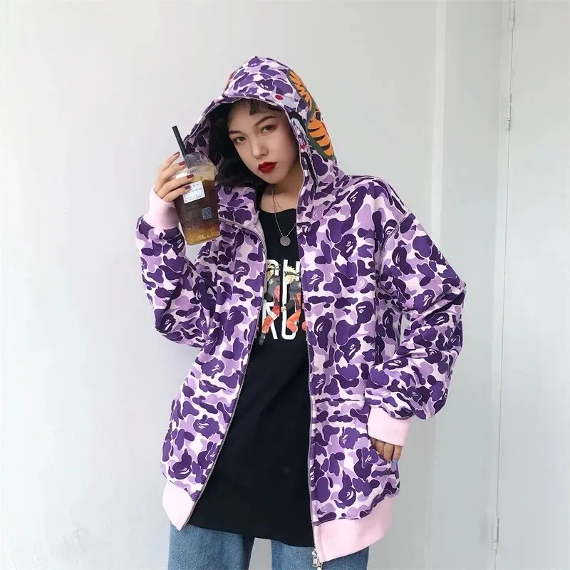 Autumn Winter New Shark Camouflage Streetwear Cardigan Sweater Women's Hip Hop Style Loose Long Sleeve Hooded Thin Zipper Coats