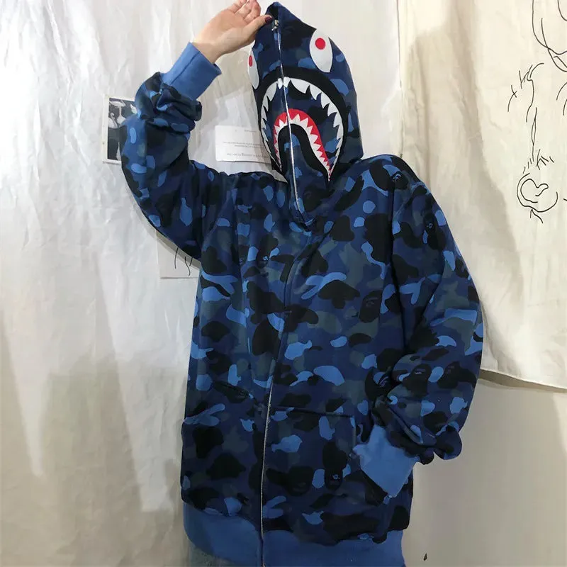 Autumn Winter New Shark Camouflage Streetwear Cardigan Sweater Women's Hip Hop Style Loose Long Sleeve Hooded Thin Zipper Coats