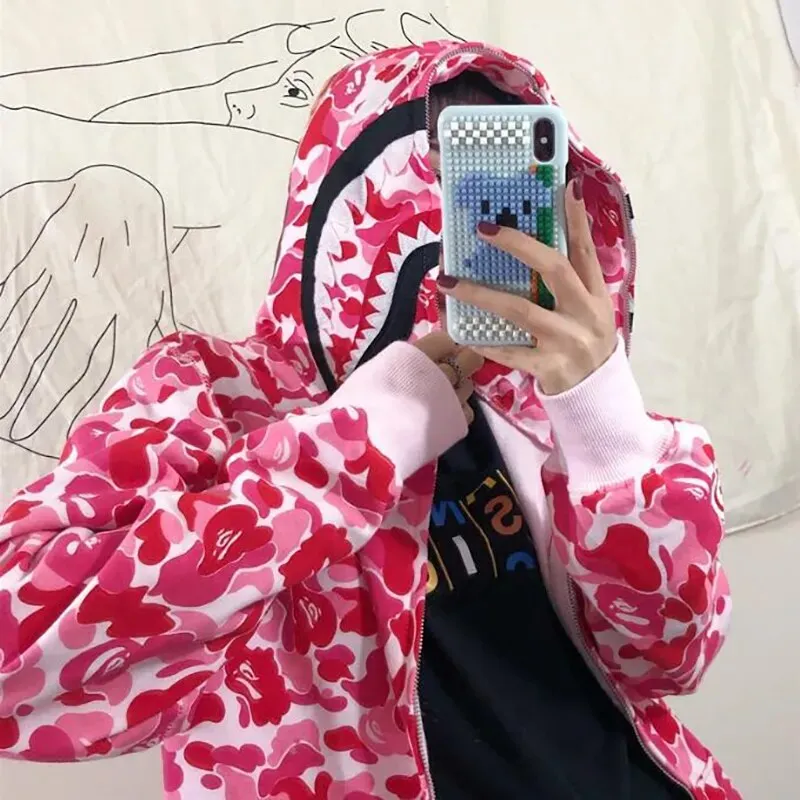 Autumn Winter New Shark Camouflage Streetwear Cardigan Sweater Women's Hip Hop Style Loose Long Sleeve Hooded Thin Zipper Coats