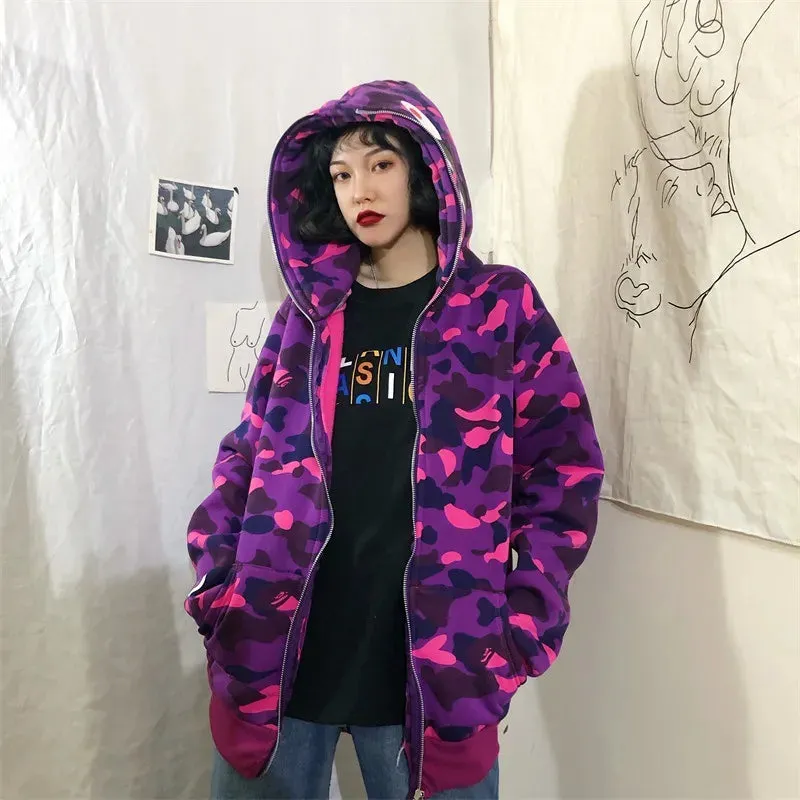 Autumn Winter New Shark Camouflage Streetwear Cardigan Sweater Women's Hip Hop Style Loose Long Sleeve Hooded Thin Zipper Coats