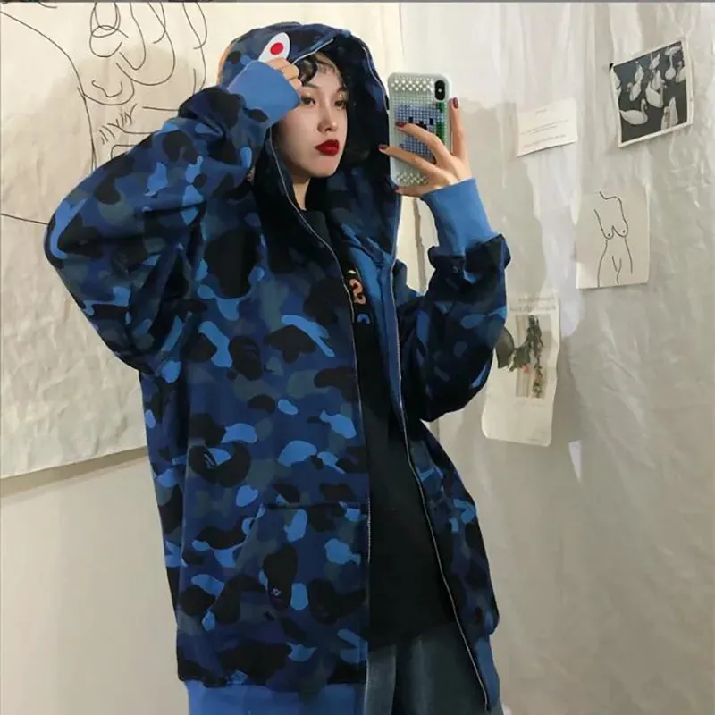 Autumn Winter New Shark Camouflage Streetwear Cardigan Sweater Women's Hip Hop Style Loose Long Sleeve Hooded Thin Zipper Coats