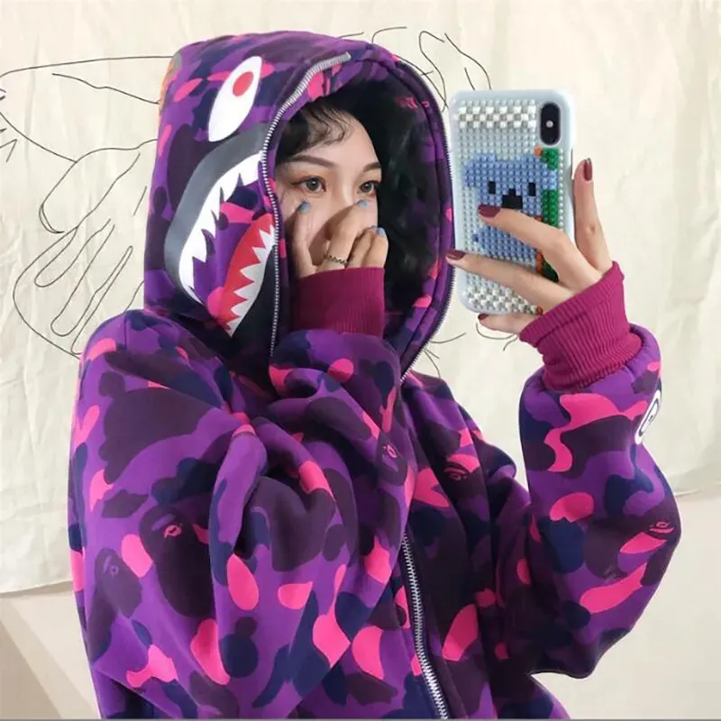 Autumn Winter New Shark Camouflage Streetwear Cardigan Sweater Women's Hip Hop Style Loose Long Sleeve Hooded Thin Zipper Coats