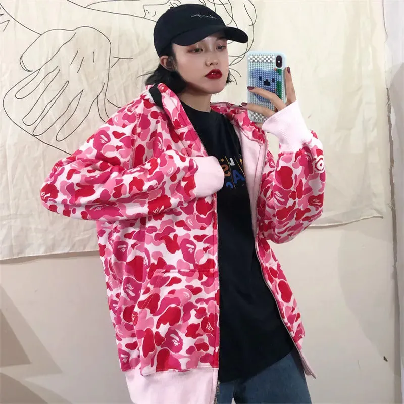 Autumn Winter New Shark Camouflage Streetwear Cardigan Sweater Women's Hip Hop Style Loose Long Sleeve Hooded Thin Zipper Coats