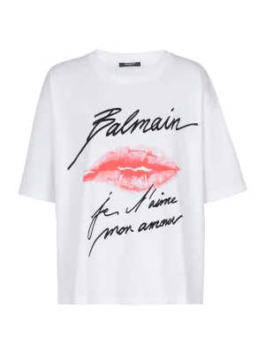 Balmain Short Sleeved Kiss Print T-Shirt in Blanc/Noir/Rouge