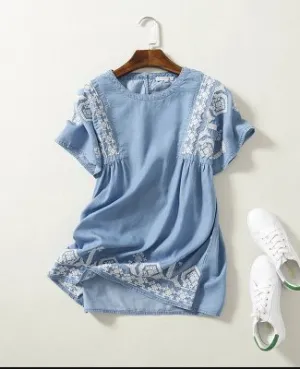BerryBetty - Floral Patched Ruffled Belted Denim Dress