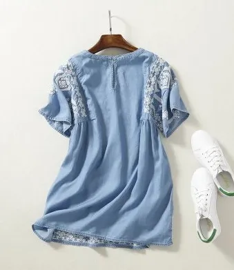 BerryBetty - Floral Patched Ruffled Belted Denim Dress
