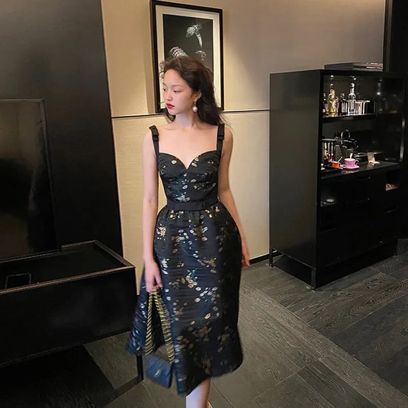Black Floral Sleeveless V-Neck Party Midi Dress