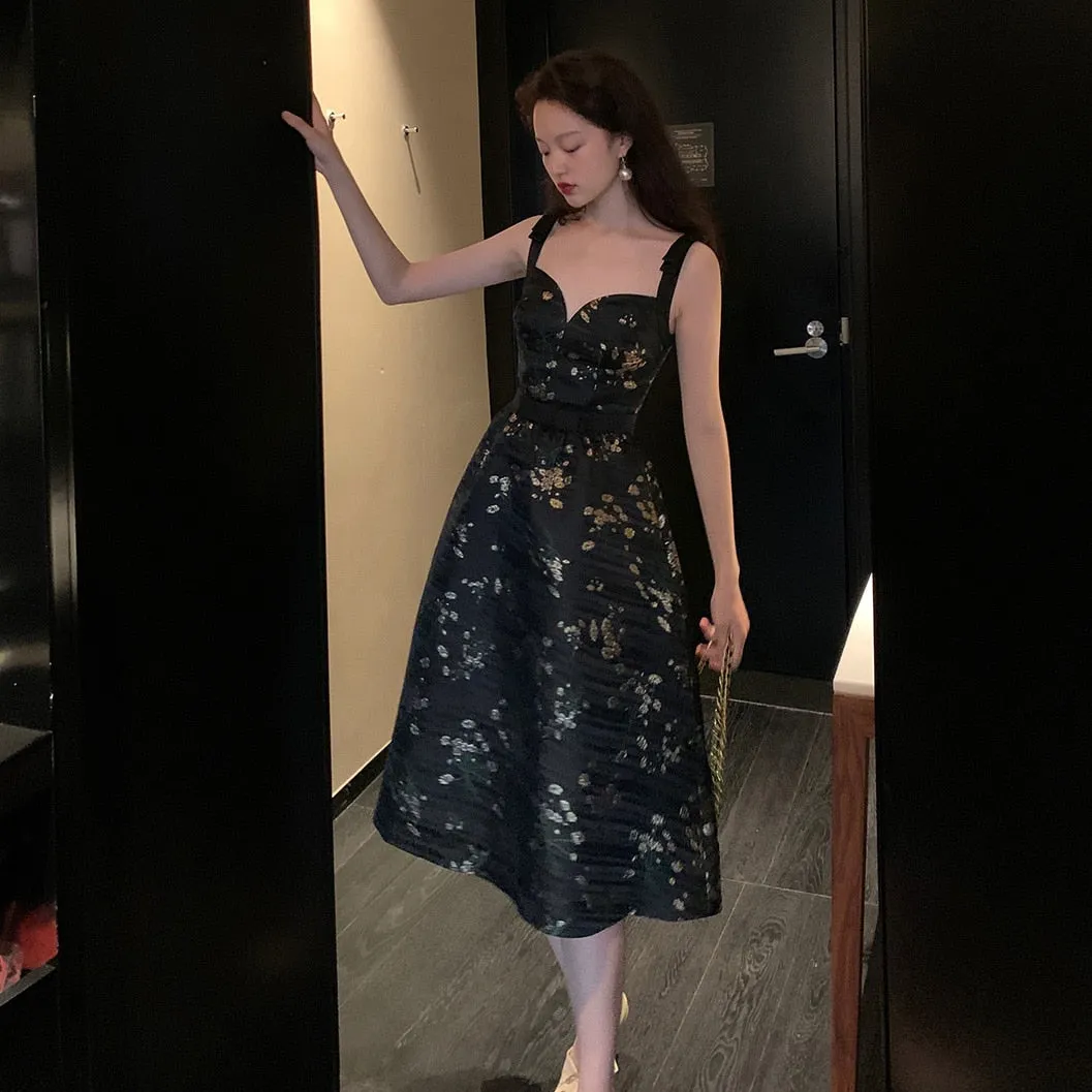 Black Floral Sleeveless V-Neck Party Midi Dress