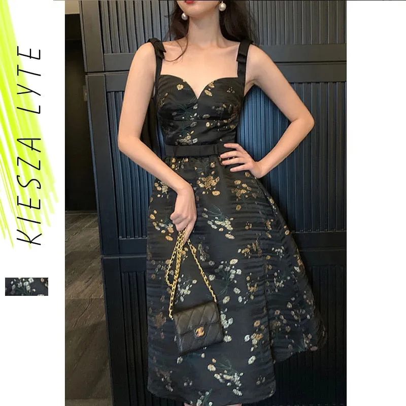 Black Floral Sleeveless V-Neck Party Midi Dress