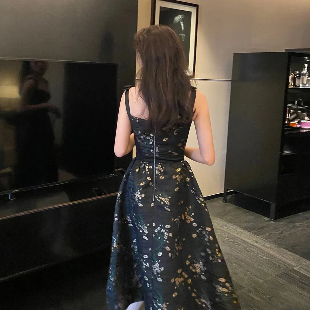 Black Floral Sleeveless V-Neck Party Midi Dress