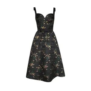 Black Floral Sleeveless V-Neck Party Midi Dress