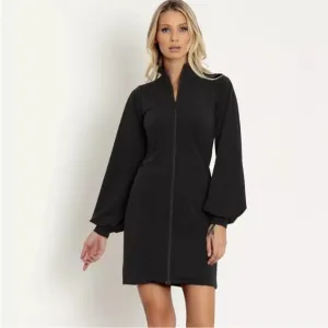 Blackmilk zip front bishop sleeve Black Midi Dress S