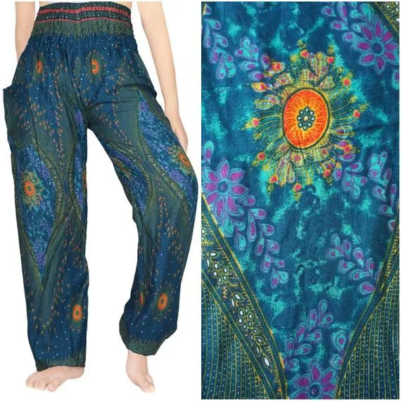 Blue and Green Peacock Pants