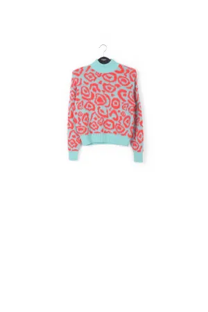 Blue and red leopard-print knit sweater