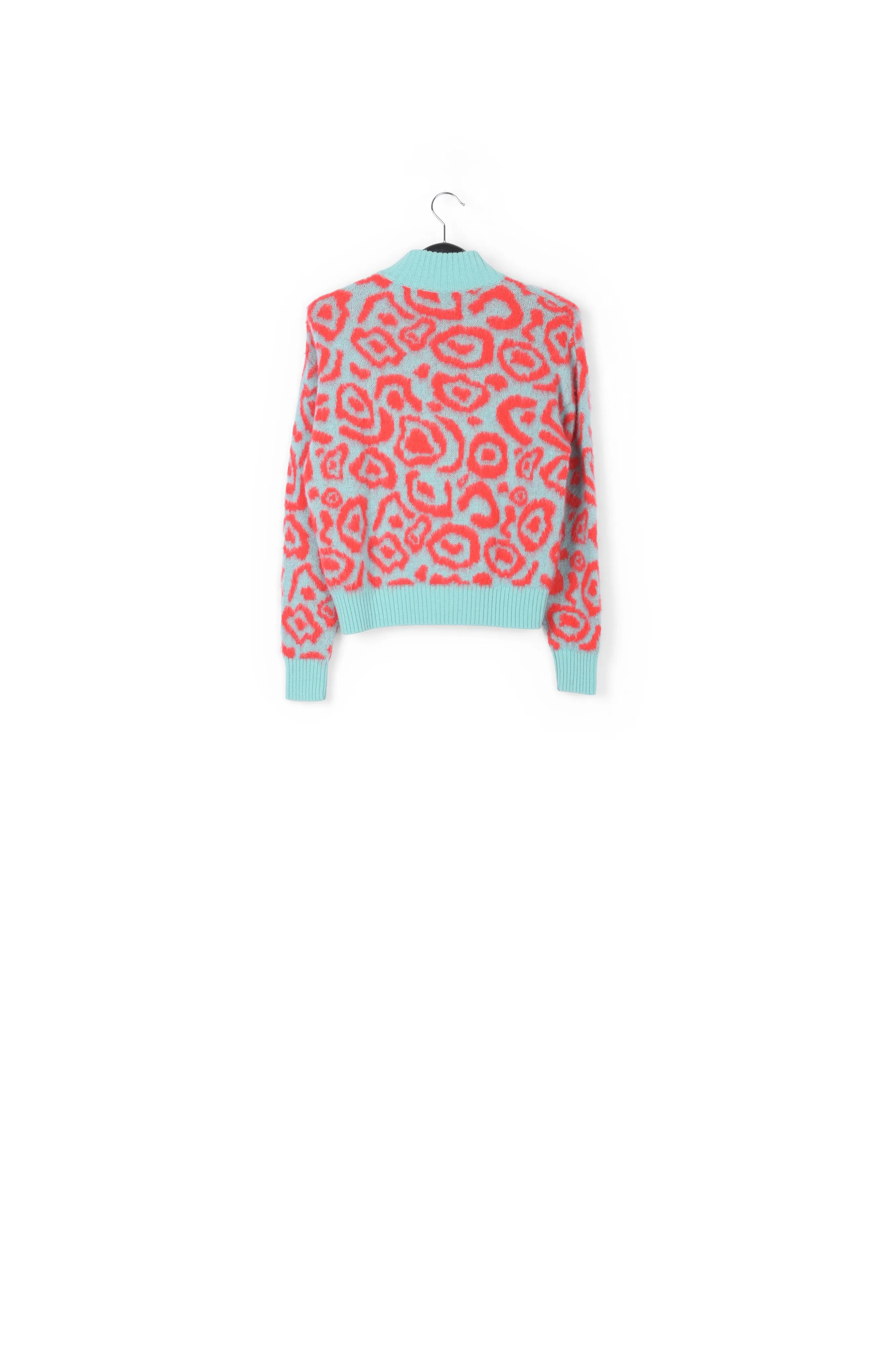 Blue and red leopard-print knit sweater