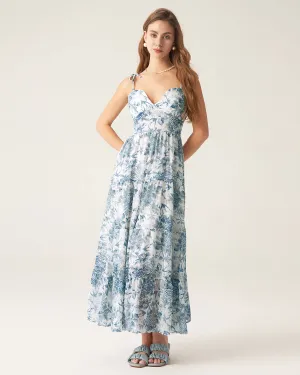 Blue Floral Tie Strap Midi Dress