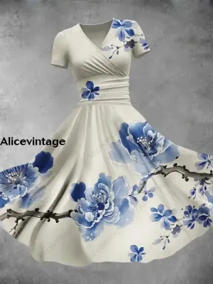 Blue Flower Branches Print V-Neck Short Sleeve Elegant Retro Midi Dress