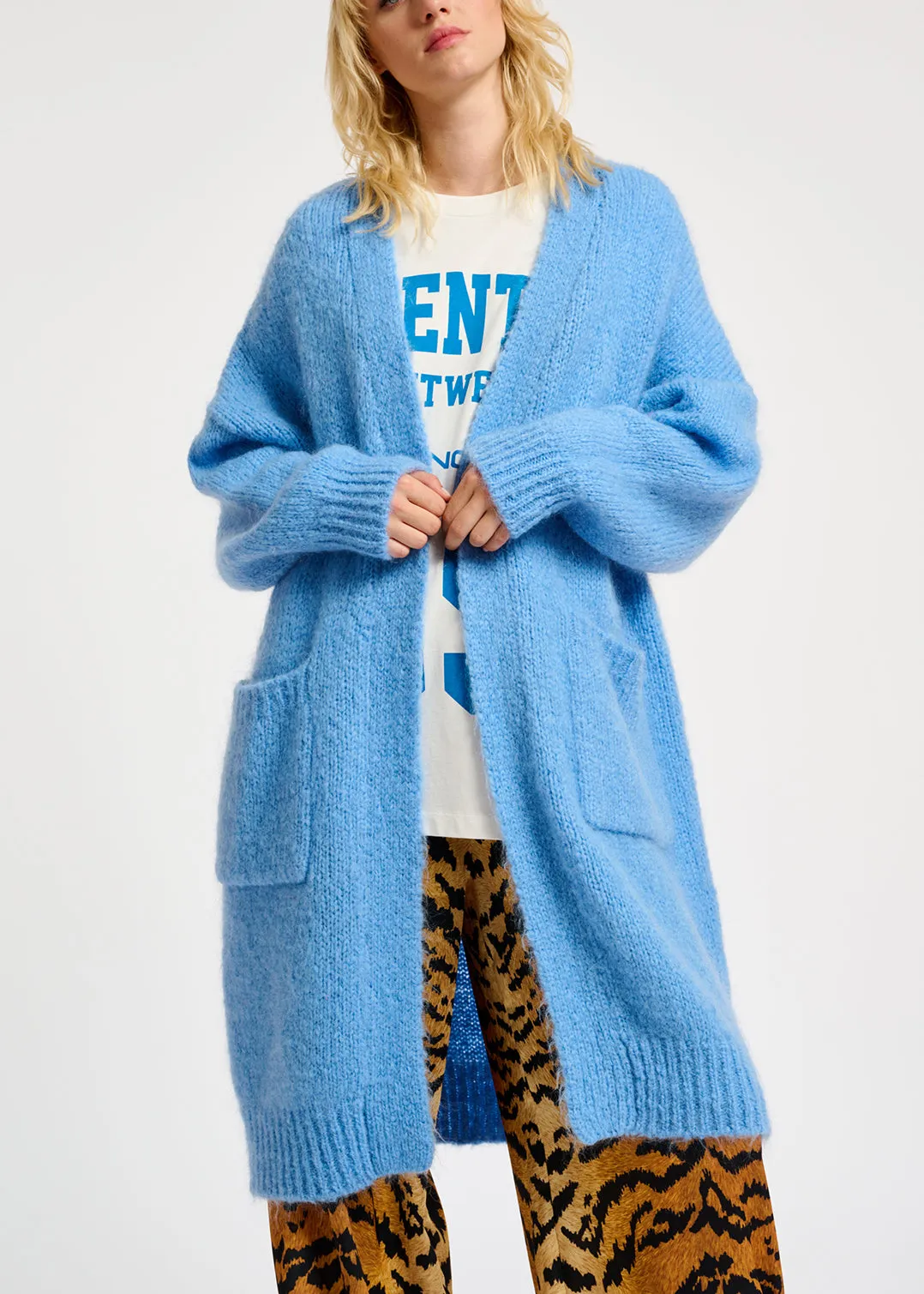 Blue midi-length mohair-blend cardigan