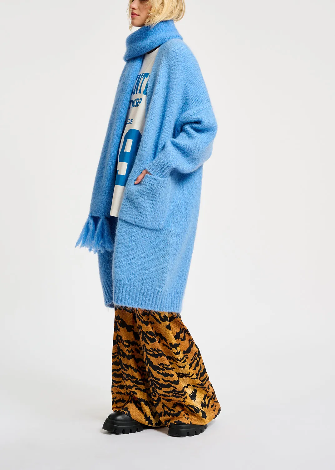 Blue midi-length mohair-blend cardigan