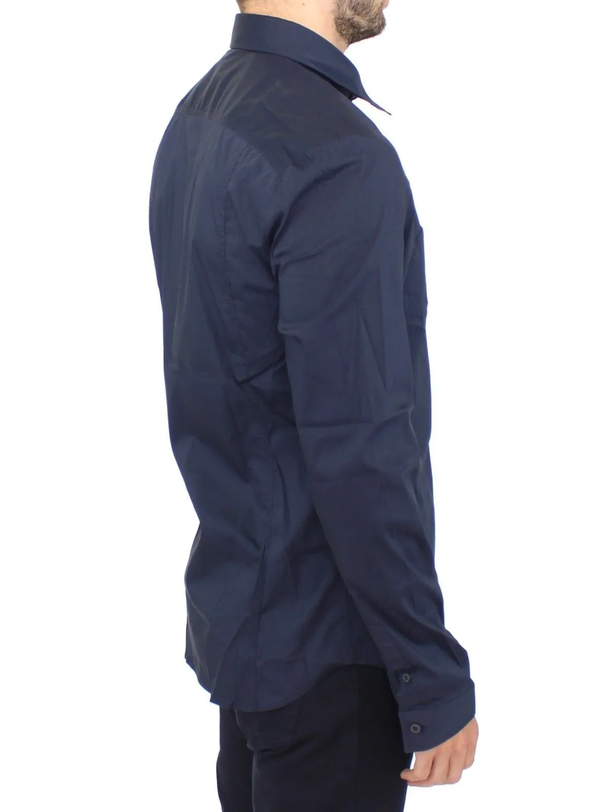 Blue Stretch Cotton Casual Long Sleeve Shirt