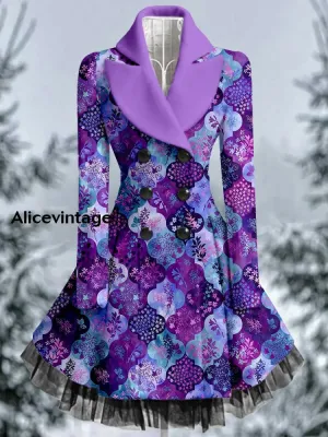 Boho Floral Art Printed Elegant Lapel V-Neck Button Up Thick Long-Sleeved Mesh Gauze Midi Dress