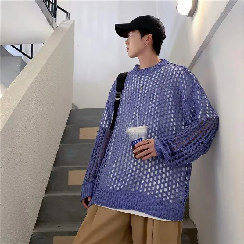 Bonsir Men's And Women's Hollow Fishnet Clothes Thick Thread Pullover Knitted Sweater Men's And Women's Tops
