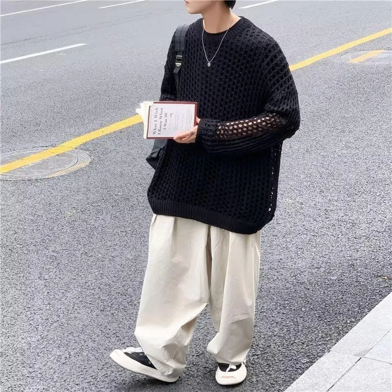 Bonsir Men's And Women's Hollow Fishnet Clothes Thick Thread Pullover Knitted Sweater Men's And Women's Tops