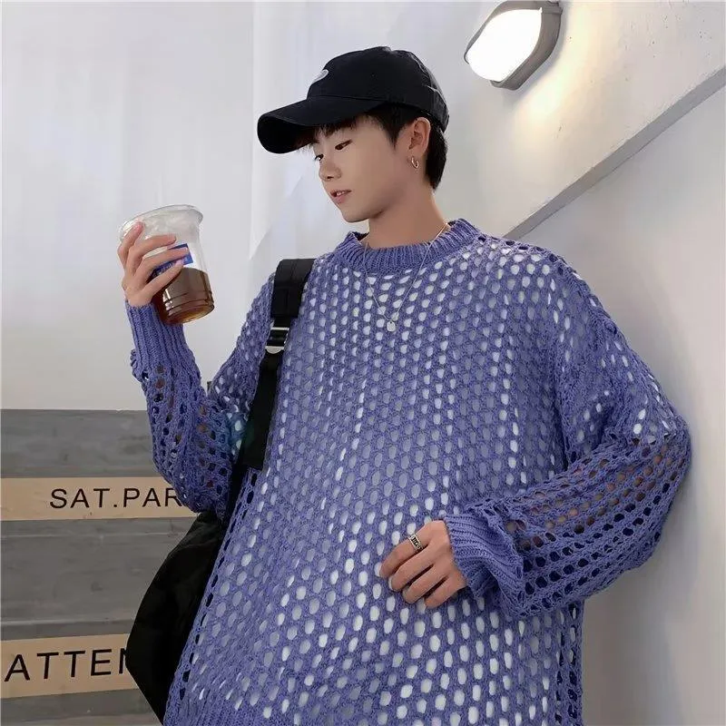 Bonsir Men's And Women's Hollow Fishnet Clothes Thick Thread Pullover Knitted Sweater Men's And Women's Tops