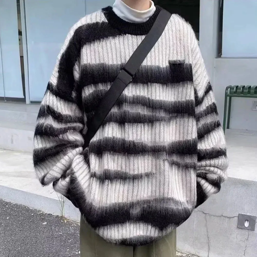 Bonsir Mens Thin Knitted Sweater Daily Personality Trend Casual All-Match Soft Contrast Striped Top Men'S Clothing Spring Autumn