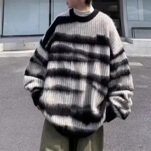 Bonsir Mens Thin Knitted Sweater Daily Personality Trend Casual All-Match Soft Contrast Striped Top Men'S Clothing Spring Autumn