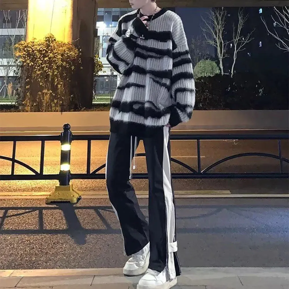 Bonsir Mens Thin Knitted Sweater Daily Personality Trend Casual All-Match Soft Contrast Striped Top Men'S Clothing Spring Autumn
