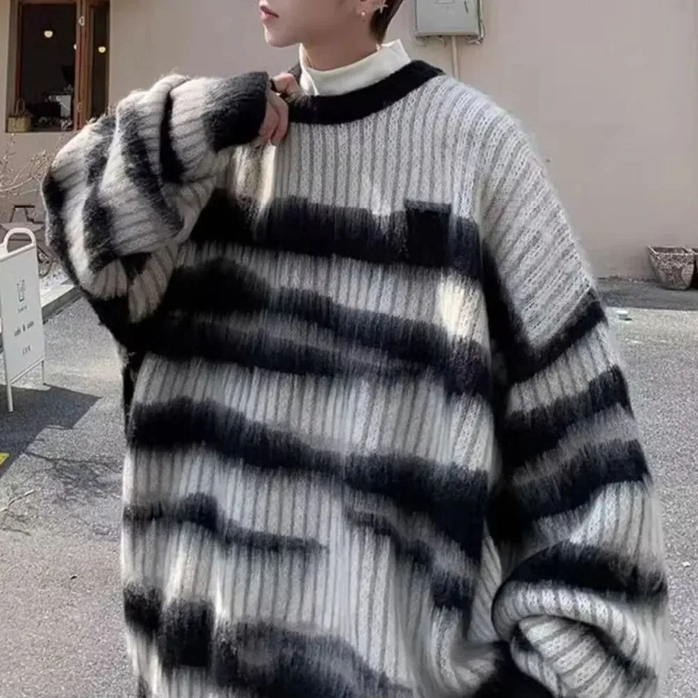 Bonsir Mens Thin Knitted Sweater Daily Personality Trend Casual All-Match Soft Contrast Striped Top Men'S Clothing Spring Autumn