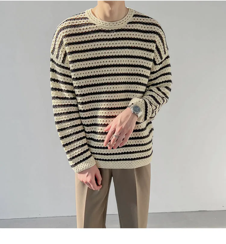 Bonsir Winter Men's Loose Round Neck Pullover Keep Warm Wool Sweater Fashion Hollow Casual Stripe Knitting Beige Color Coats M-XL