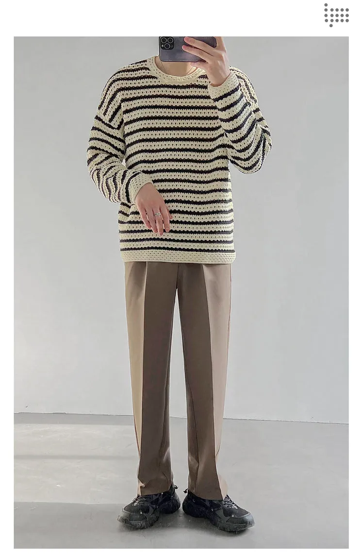 Bonsir Winter Men's Loose Round Neck Pullover Keep Warm Wool Sweater Fashion Hollow Casual Stripe Knitting Beige Color Coats M-XL