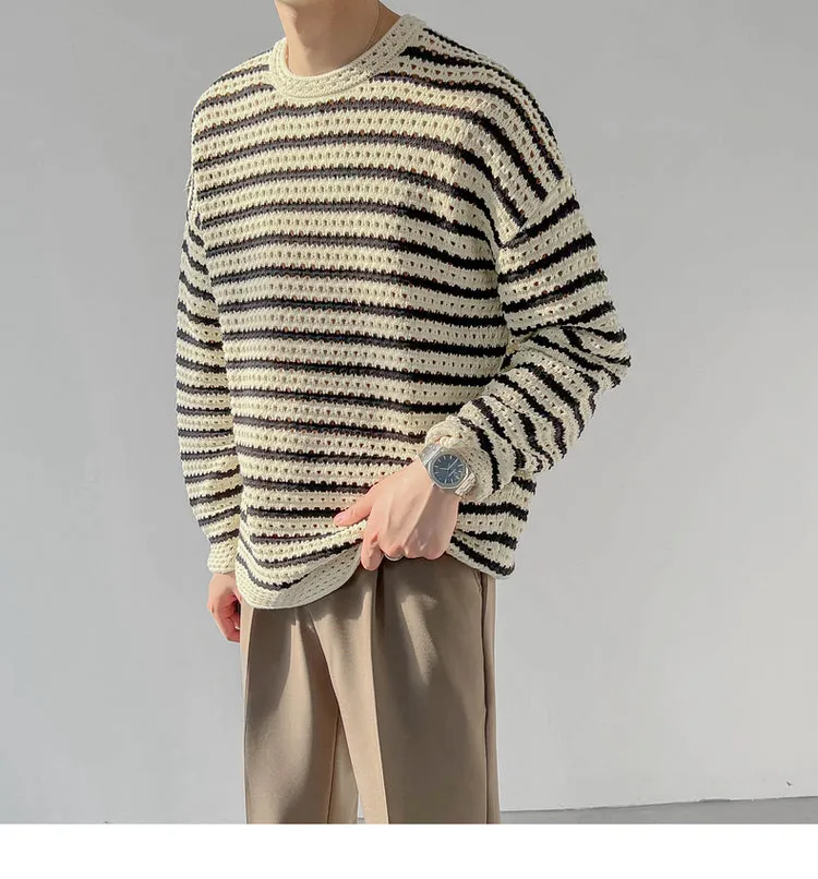 Bonsir Winter Men's Loose Round Neck Pullover Keep Warm Wool Sweater Fashion Hollow Casual Stripe Knitting Beige Color Coats M-XL
