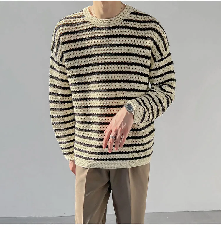 Bonsir Winter Men's Loose Round Neck Pullover Keep Warm Wool Sweater Fashion Hollow Casual Stripe Knitting Beige Color Coats M-XL