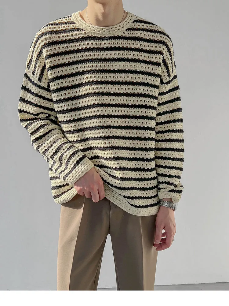 Bonsir Winter Men's Loose Round Neck Pullover Keep Warm Wool Sweater Fashion Hollow Casual Stripe Knitting Beige Color Coats M-XL
