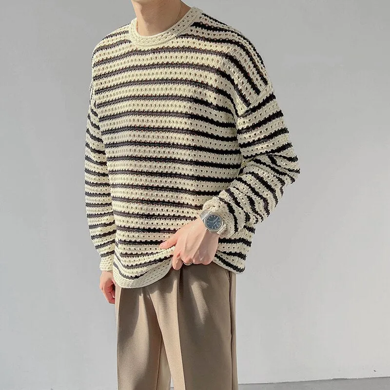 Bonsir Winter Men's Loose Round Neck Pullover Keep Warm Wool Sweater Fashion Hollow Casual Stripe Knitting Beige Color Coats M-XL