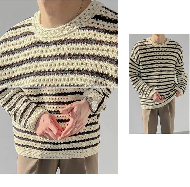 Bonsir Winter Men's Loose Round Neck Pullover Keep Warm Wool Sweater Fashion Hollow Casual Stripe Knitting Beige Color Coats M-XL