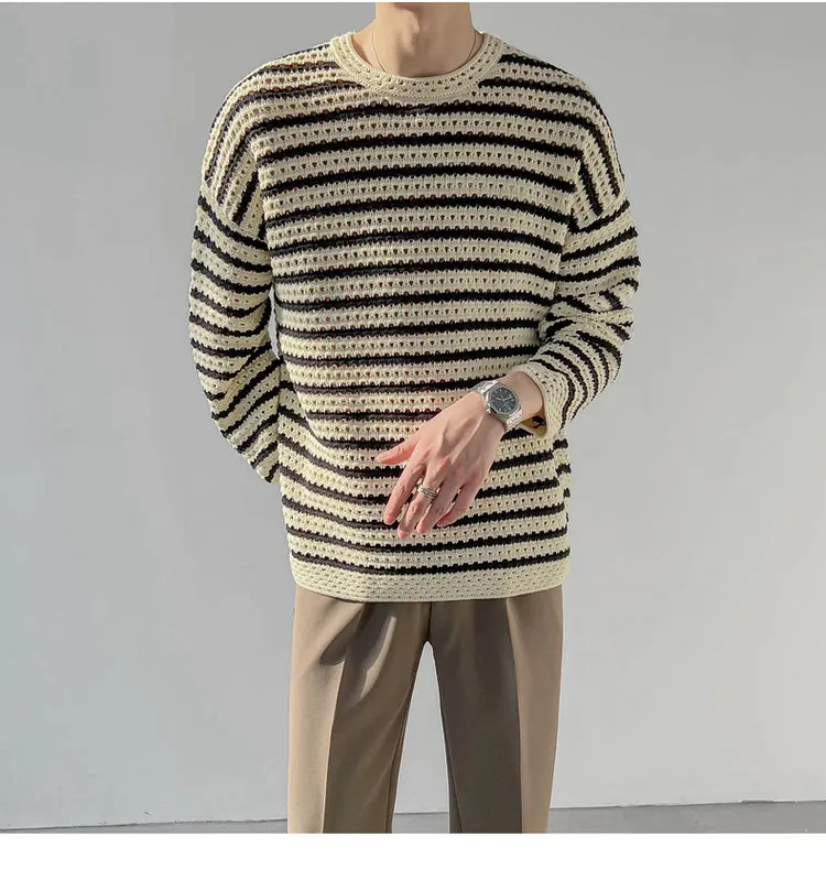 Bonsir Winter Men's Loose Round Neck Pullover Keep Warm Wool Sweater Fashion Hollow Casual Stripe Knitting Beige Color Coats M-XL