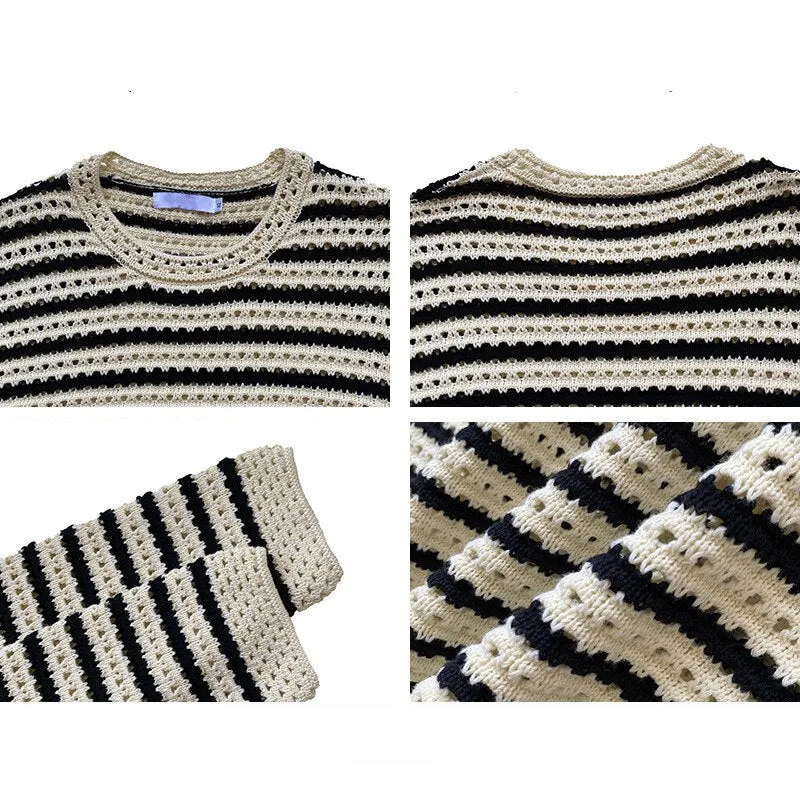 Bonsir Winter Men's Loose Round Neck Pullover Keep Warm Wool Sweater Fashion Hollow Casual Stripe Knitting Beige Color Coats M-XL